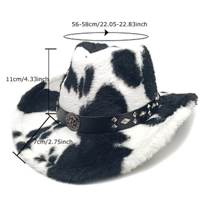 Faux fur cow print cowboy hat with vintage metal badge and size specifications