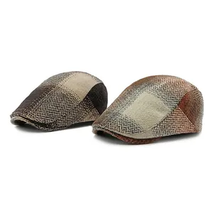 Retro herringbone tweed beret hat with vintage two-tone patchwork design for men and women