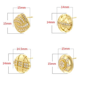Luxury gold square stud earrings with zircons in sunburst and checkered patterns