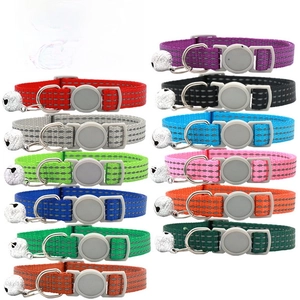 Detailed catalog of colorful nylon pet collars with bells and adjustable safety buckles