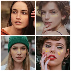 Golden freckle tattoo stickers with celestial patterns and musical notes on female faces