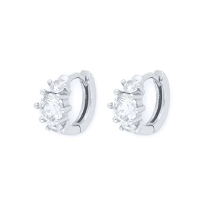Silver geometric hoop earrings with three micro-set zircon stones on a white background
