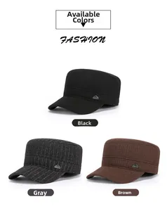 Detailed view of men's winter military hats in black, grey, and brown with metal logo