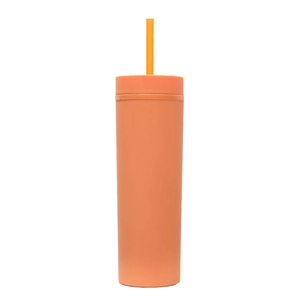 Detail of the 16oz orange frosted double-wall plastic tumbler with matching straw and lid