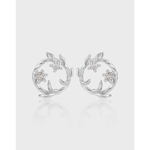925 Sterling Silver Zirconia Flower Wreath Stud Earrings For Women Tiny Twining Vine Leaf Circle Earrings Botanical Jewelry