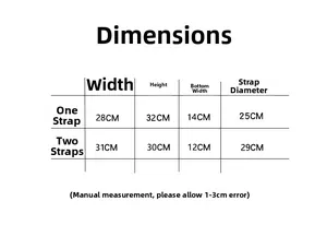 Detailed size chart for the butterfly shoulder bag showing strap length and dimensions