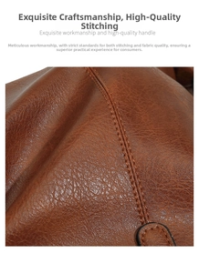 Detail showing high-quality pebble grain leather texture and fine double stitching on brown tote
