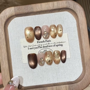 Press On Nails Cat Eye Brown Smudge Glitter Heart Rhinestone Gold Foil ABS Short Oval French Vintage Manicure For Women