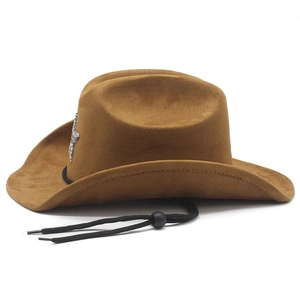 Detail of brown faux suede cowboy hat showing silver star badge and adjustable chin cord