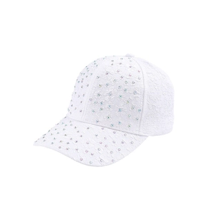 White floral lace baseball cap with colorful rhinestones and sun protection visor