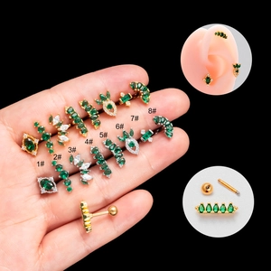 Stainless Steel Cartilage Stud Earrings Green Crown Zircon Copper Screw Ball Back Fashion Piercing Jewelry For Women