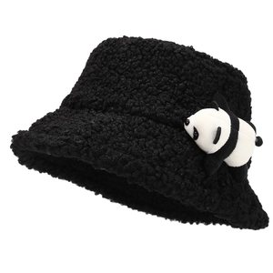 Cute black fleece bucket hat with panda plush toy accessory for autumn and winter