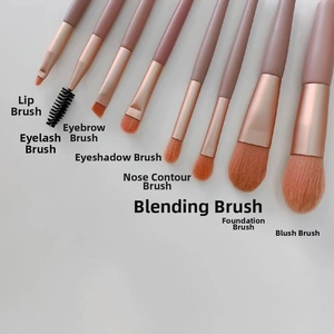 Detailed close-up of 8-piece pink makeup brush set with soft orange synthetic bristles