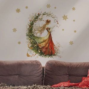 Christmas wall decal featuring an artistic fairy in a red dress with festive greenery decor