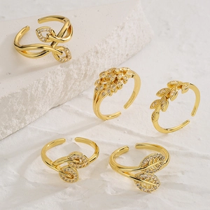 Adjustable Leaf Ring Copper 18K Gold Plated Zirconia Nature Inspired Open Finger Jewelry For Women Niche Design Elegant