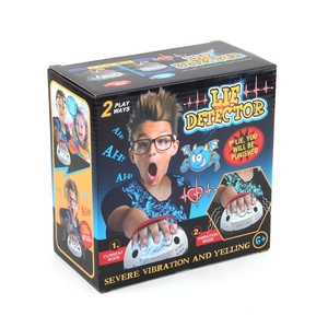 Novelty lie detector game for parties with shock and vibration modes in black packaging