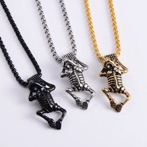 Punk 304 stainless steel skull baby skeleton pendant necklace in gold silver and black