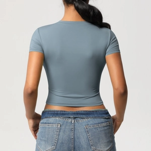 Rear view of slate blue crop top with tight fit and high elasticity for yoga and fitness