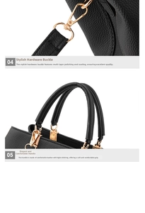 Detail of high-quality golden metal hooks and litchi grain leather texture on black tote