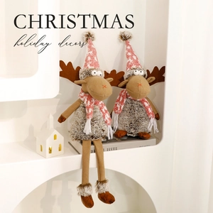 Christmas Reindeer Plush Figurine Knitted Snowflake Hat Scarf Elk Doll Long Legs Tabletop Home Decor Holiday Xmas Ornament