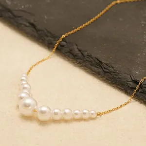 Elegant Faux Artificial Pearl Necklace For Women 18K Gold Plated Stainless Steel Gradient Bead Clavicle Chain Minimalist Jewelry Gift