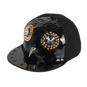 Punk Style Cotton Baseball Cap With Sequins Rhinestone Owl Pattern Rivets Flat Brim Hip Hop Snapback