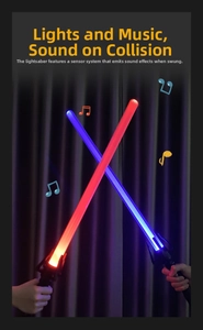Detail of dual glow swords with motion sensor sound and vibrant LED light effects
