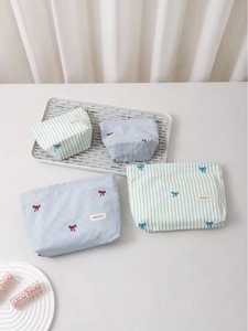 Striped Canvas Makeup Bag Bow Embroidery Portable Large Capacity Cosmetic Pouch Travel Toiletry Storage Organizer Fresh Style
