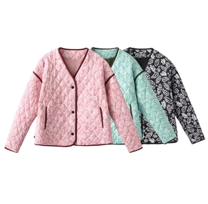 Detail of pink and mint paisley quilted jackets showing texture and V-neck button design
