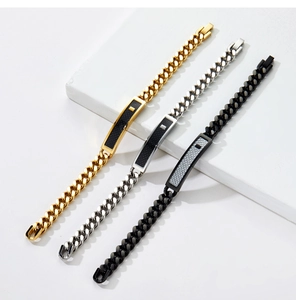 Three Cuban link bracelets in gold, silver and black with carbon fiber texture plates