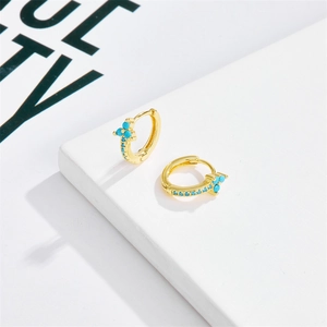 14K gold plated huggie hoop earrings with turquoise stones in a cross pattern