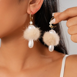 Retro C-Shaped Pom-Pom Drop Earrings With Imitation Artificial Pearl Rhinestone And 925 Sterling Silver Earring Post For Women