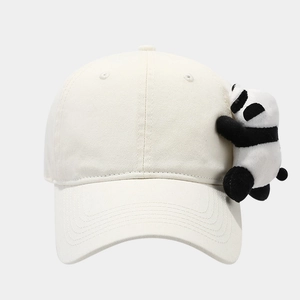 Minimalist white baseball cap with a cute panda plush doll accessory on the side