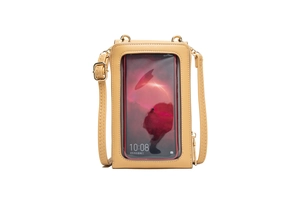 Detail of crossbody phone bag showing transparent TPU touch screen window and gold leaf clasp