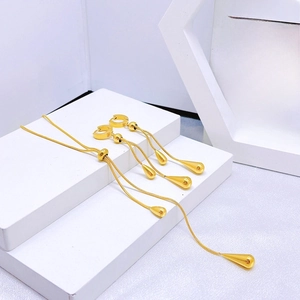 Golden titanium steel teardrop pendant jewelry set with snake chain necklace and earrings