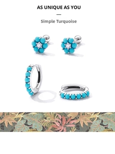 Detailed view of S925 sterling silver turquoise flower studs and zircon hoop earrings set