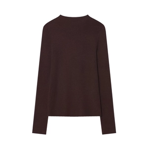 Flat lay back view of dark brown seamless slim fit knitted sweater with high collar