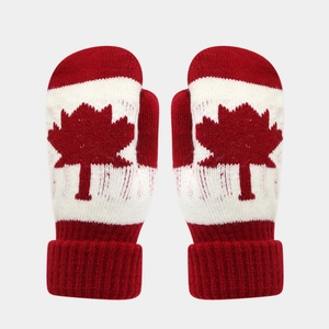 Winter knit mittens featuring red maple leaf pattern and thick ribbed cuffs in red and white