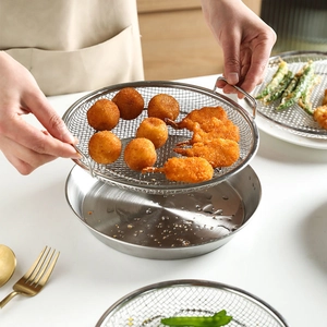 Round Stainless Steel Oil Filtering Tray With Mesh Rack Frying Basket Cooling Drain Plate Kitchen BBQ