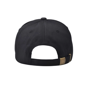 Back view of black cotton baseball cap showing adjustable strap and bronze metal buckle