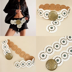 Ceinture large bohème avec cercles en cuir blanc et brun et boucle en métal turquoise
