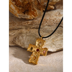 18K gold plated stainless steel cross pendant with colorful zircon on black cord