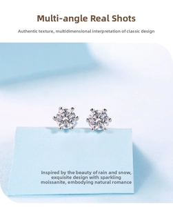 Macro view of minimalist S925 silver stud earrings featuring six-prong set moissanite