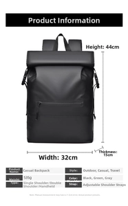Waterproof roll-top backpack dimensions 44x32x15cm and 535g weight specifications