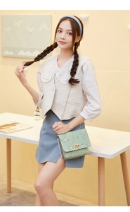 Detail of light green crossbody bag with floral embroidery and golden chain strap