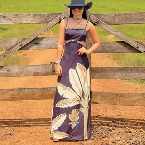 Women Camisole Maxi Dress Tropical Palm Leaf Print Waist Hollow Out Backless Vacation Sexy Style Polyester Long Dress