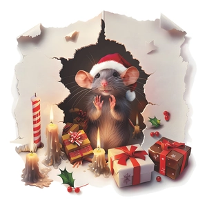 3D Christmas wall sticker featuring a cute cartoon mouse with gift box and santa hat