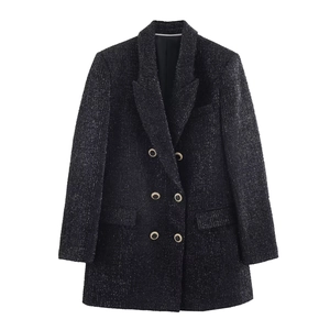 Damen Tweed Blazer Jacke Überlappende Vorderseite Metallic Faden Langarm Elegant Lässig Oberbekleidung Goldknöpfen