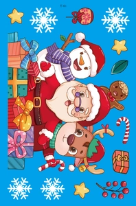 Vibrant Christmas static window stickers with Santa, snowman, and reindeer on blue background
