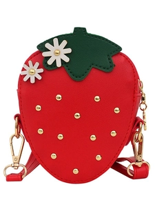 Red strawberry-shaped girls crossbody bag with gold studs and green leaf detail